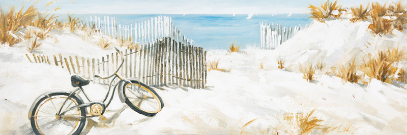 PXYW599 Wall décor art oil on canvas seascape bicycle on beach blue white tones